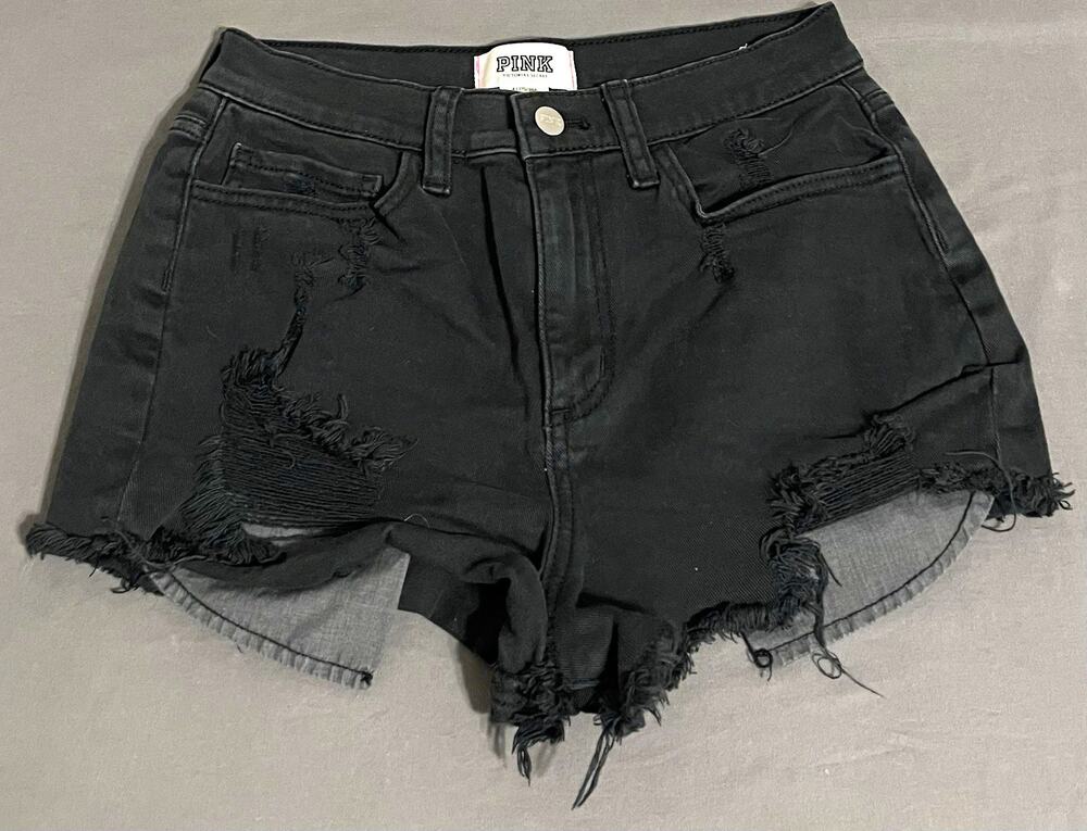 PINK Victoria Secret Womens 4 Black Distressed Denim Cutoff Shorts Frayed